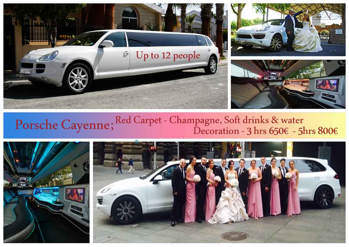 This Porsche Cayenne limo is a fiesty number - long on facilities, short on price, this special wedding package for Cyprus includes champagne and soft drinks and rolls out the red carpet
